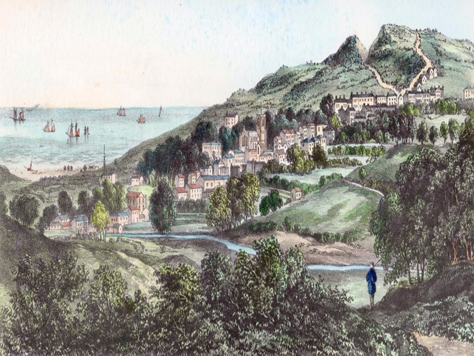 Lyme Regis, de Charmouth, Dorset, de Uma viagem pela Grã-Bretanha  empreendida entre os anos 1814 e 1825 (aquatint)